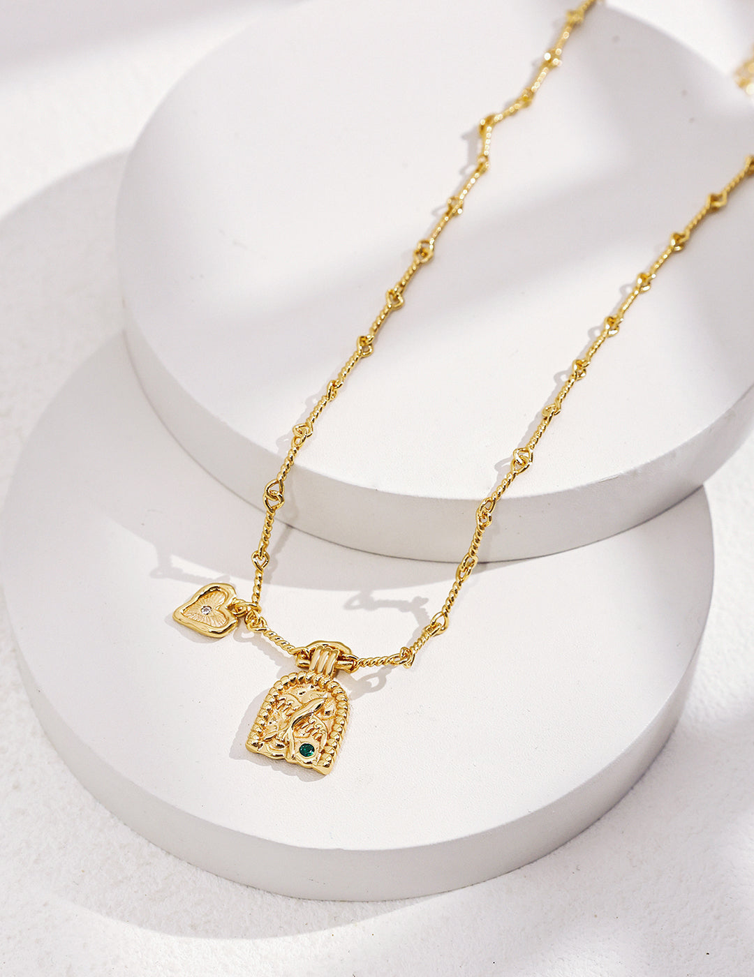 Timeless Elegance: Vintage Gold 925 Silver Necklace with Heart and Swallow Pendant