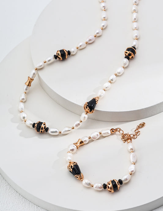 Elegant 925 Silver Natural Pearl and Black Agate Necklace Bracelet Set - Vintage Gold and Platinum Colors