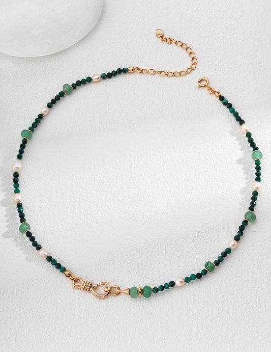 Elegant S925 Silver Green Dongling Jade and Malachite Pearl Necklace - Adjustable Vintage Gold Dual-Use Design