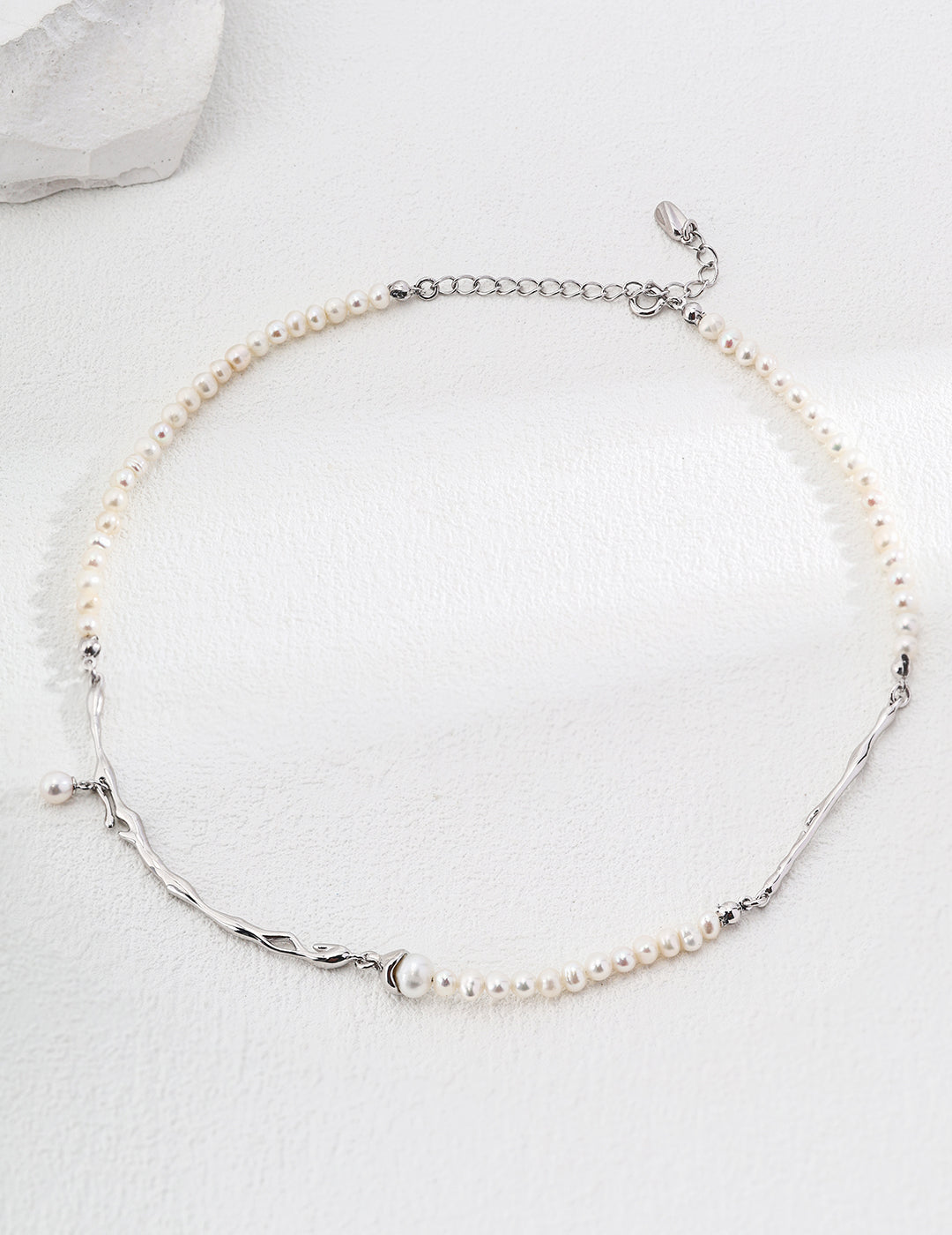 Minimalist Pure Silver Pearl Necklace | S925 Silver & Natural Pearls | 38.5cm + 5cm Chain Length in Platinum & Vintage Gold