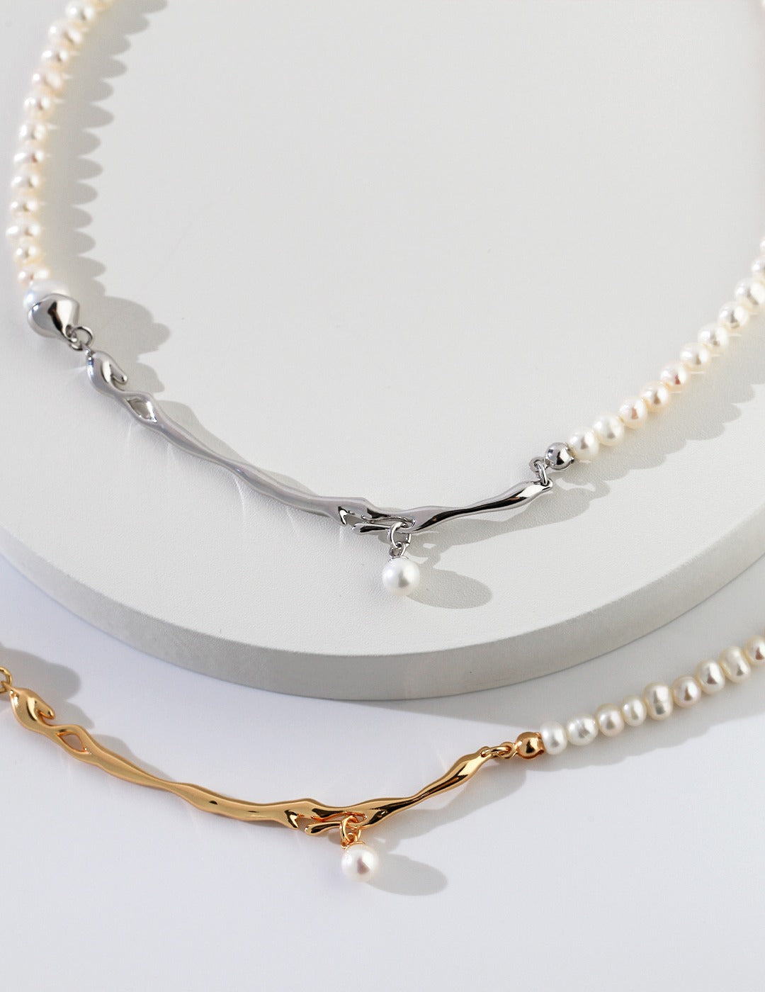 Minimalist Pure Silver Pearl Necklace | S925 Silver & Natural Pearls | 38.5cm + 5cm Chain Length in Platinum & Vintage Gold