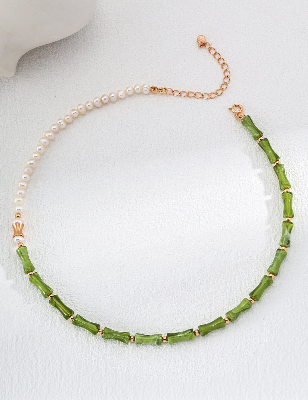 925 Silver Bamboo Joint Pearl Necklace in Vintage Gold - Natural Pearl & Resin Stone, 38cm + 6cm Extension