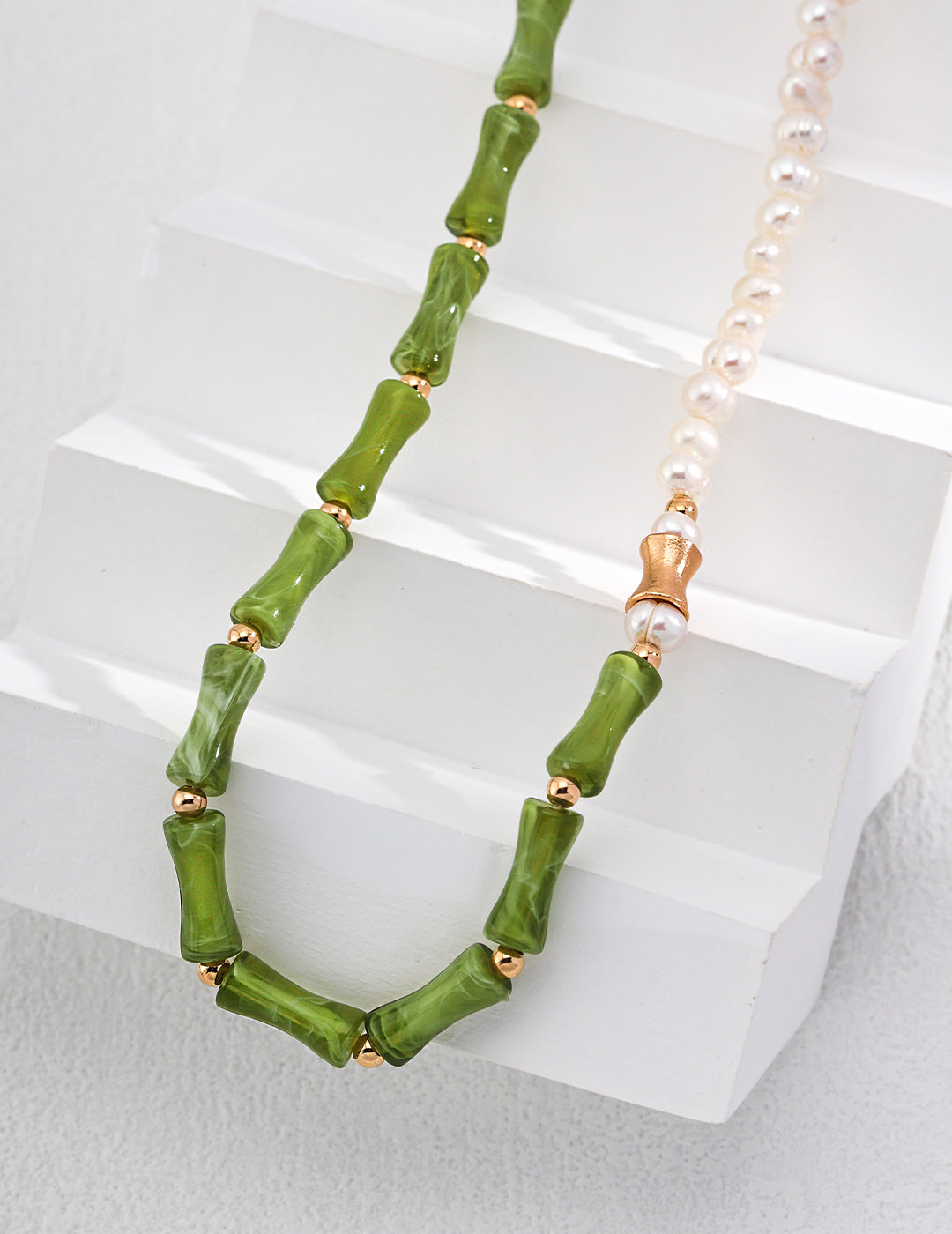 925 Silver Bamboo Joint Pearl Necklace in Vintage Gold - Natural Pearl & Resin Stone, 38cm + 6cm Extension