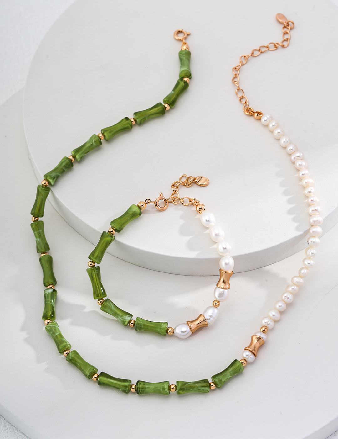 925 Silver Bamboo Joint Pearl Necklace in Vintage Gold - Natural Pearl & Resin Stone, 38cm + 6cm Extension