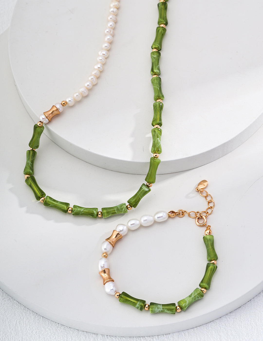 925 Silver Bamboo Joint Pearl Necklace in Vintage Gold - Natural Pearl & Resin Stone, 38cm + 6cm Extension