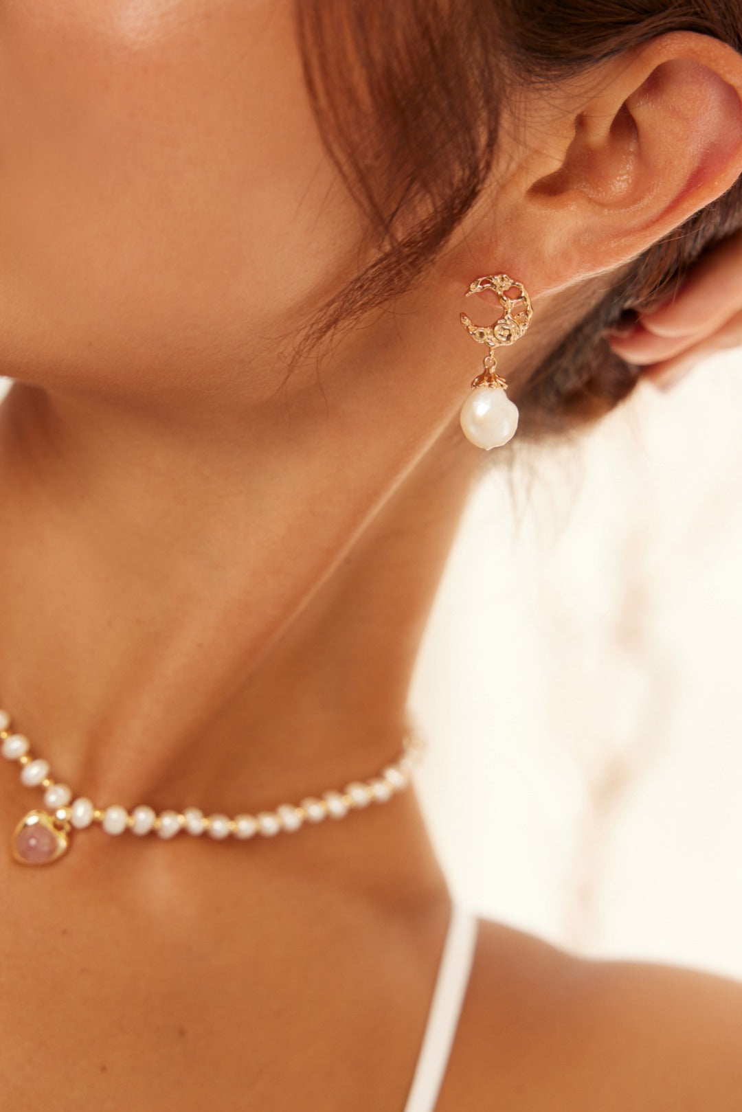 Hollow Moon Natural Pearl Earrings in Antique Gold - 925 Silver Jewellery