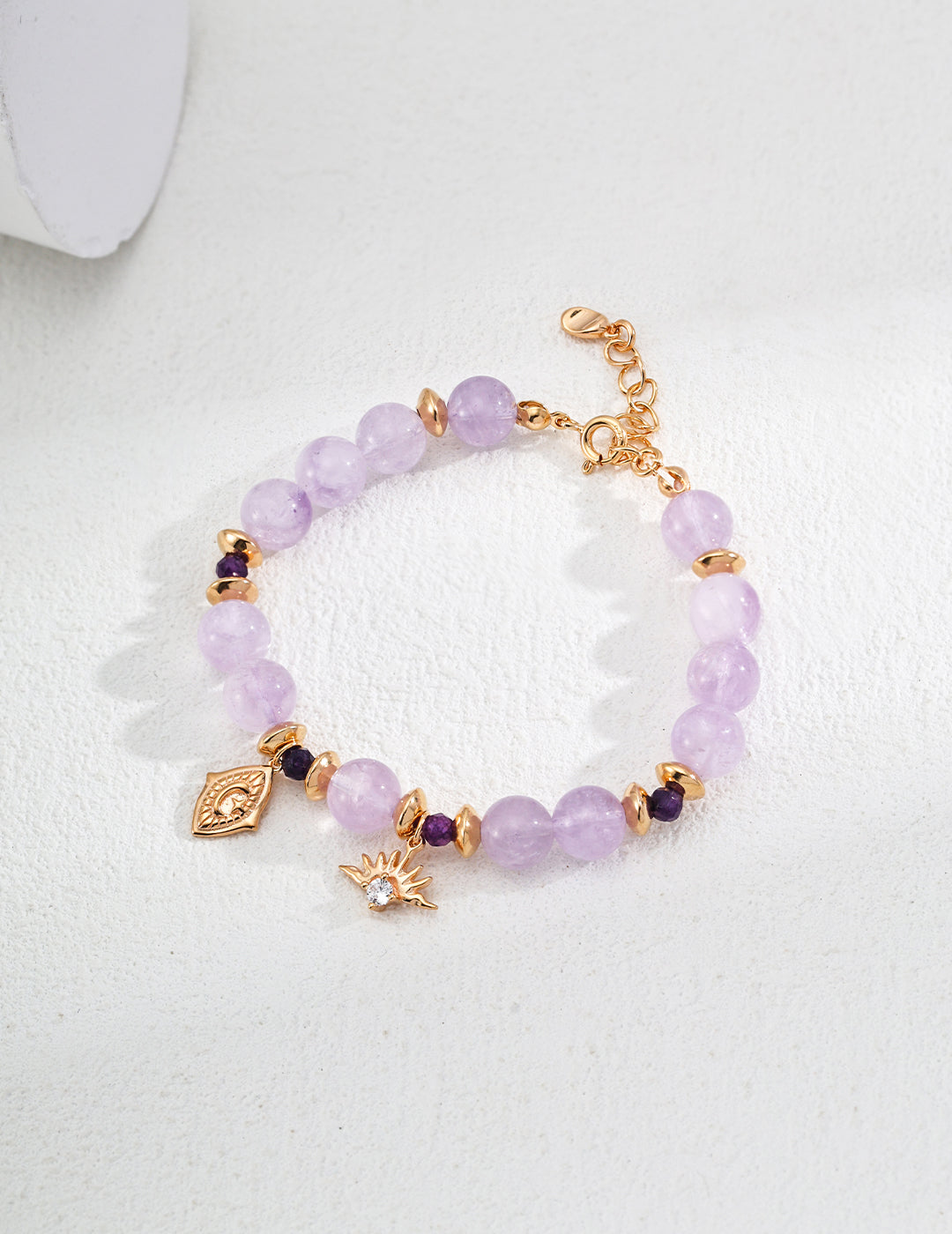 S925 Silver Amethyst Faceted Round Bead Zircon Bracelet - Vintage Gold, 16cm + 3cm Extension