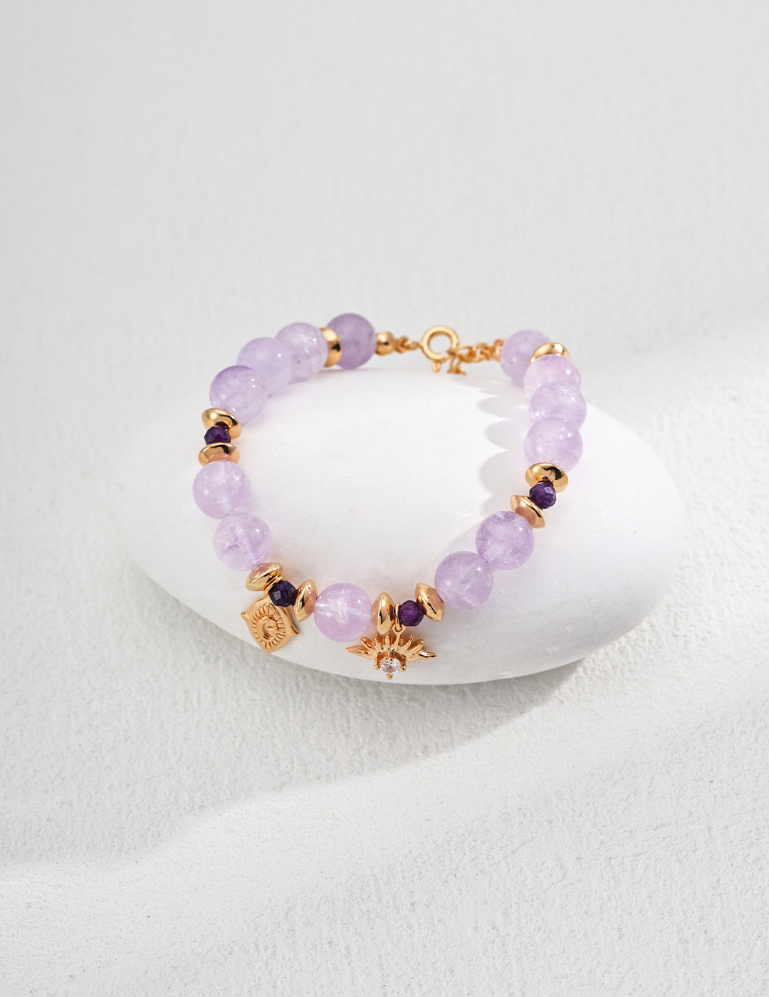 S925 Silver Amethyst Faceted Round Bead Zircon Bracelet - Vintage Gold, 16cm + 3cm Extension