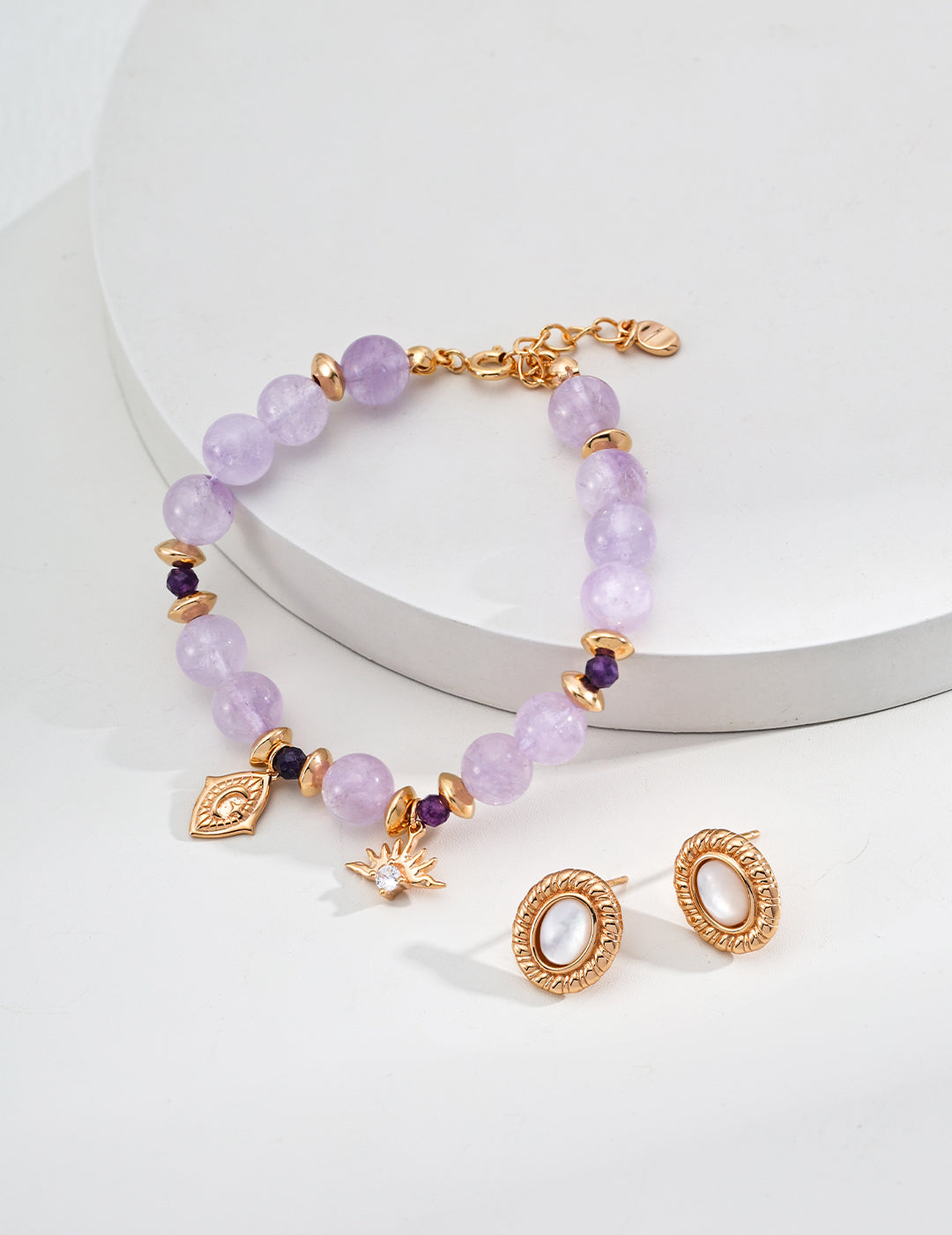 S925 Silver Amethyst Faceted Round Bead Zircon Bracelet - Vintage Gold, 16cm + 3cm Extension