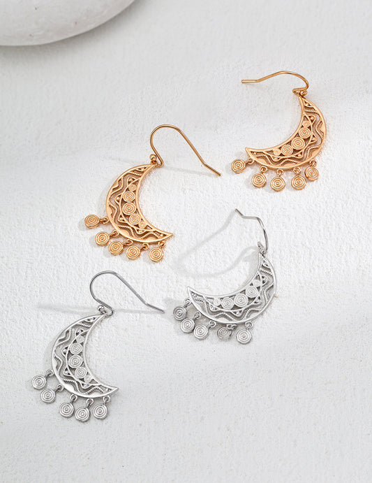 S925 Silver Vintage Crescent Moon Earrings: Elegant Ethnic Jewellery with Timeless Charm