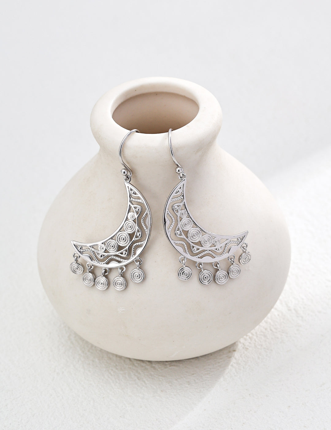 S925 Silver Vintage Crescent Moon Earrings: Elegant Ethnic Jewellery with Timeless Charm