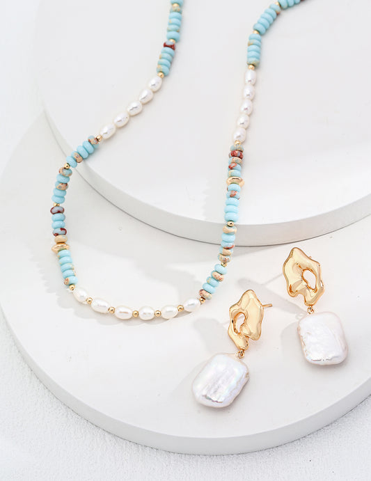 925 Silver Pearl Necklace with Natural Pearls and Shoushan Stone - Antique Gold Finish, 38cm + 6cm Extension