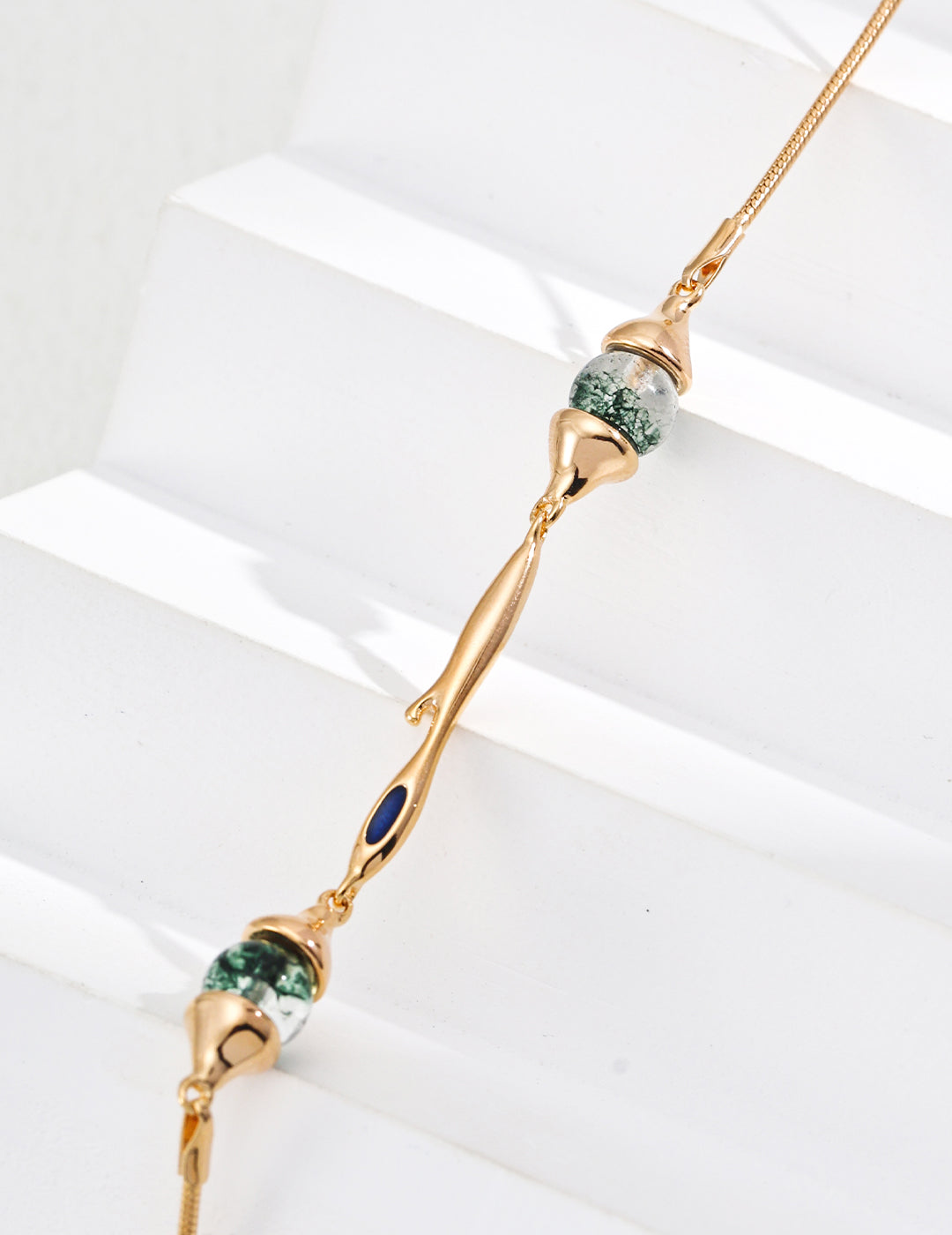 S925 Silver Minimalist Water Grass Agate and Lapis Lazuli Necklace - Vintage Gold, 38cm + 6cm Extension