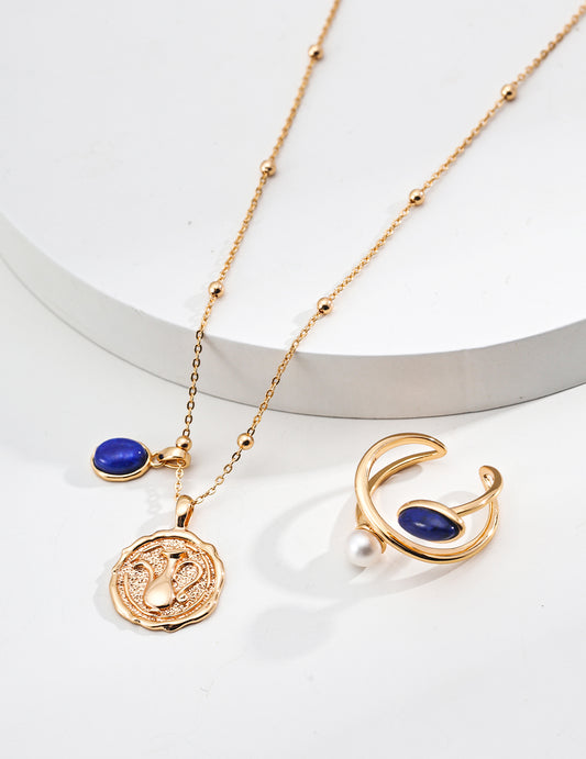 S925 Silver Minimalist Lapis Lazuli Pendant Necklace - Vintage Gold, 40cm Chain with 6cm Extension