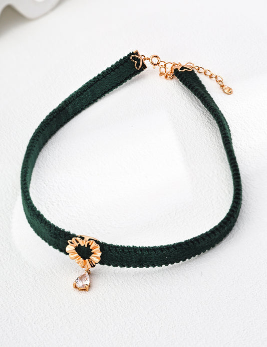 S925 Silver Minimalist Green Velvet and Black PU Leather Zircon Necklace - Vintage Gold & White Gold Options