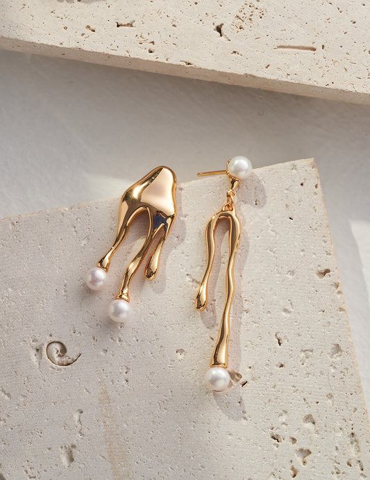 Liquid Series Asymmetrical Silver Earrings with Natural Pearls - Designer Jellyfish-Inspired Jewelry