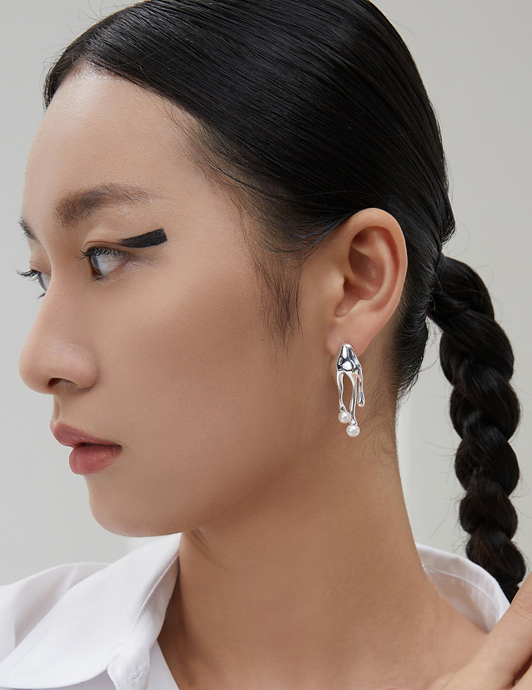 Liquid Series Asymmetrical Silver Earrings with Natural Pearls - Designer Jellyfish-Inspired Jewelry