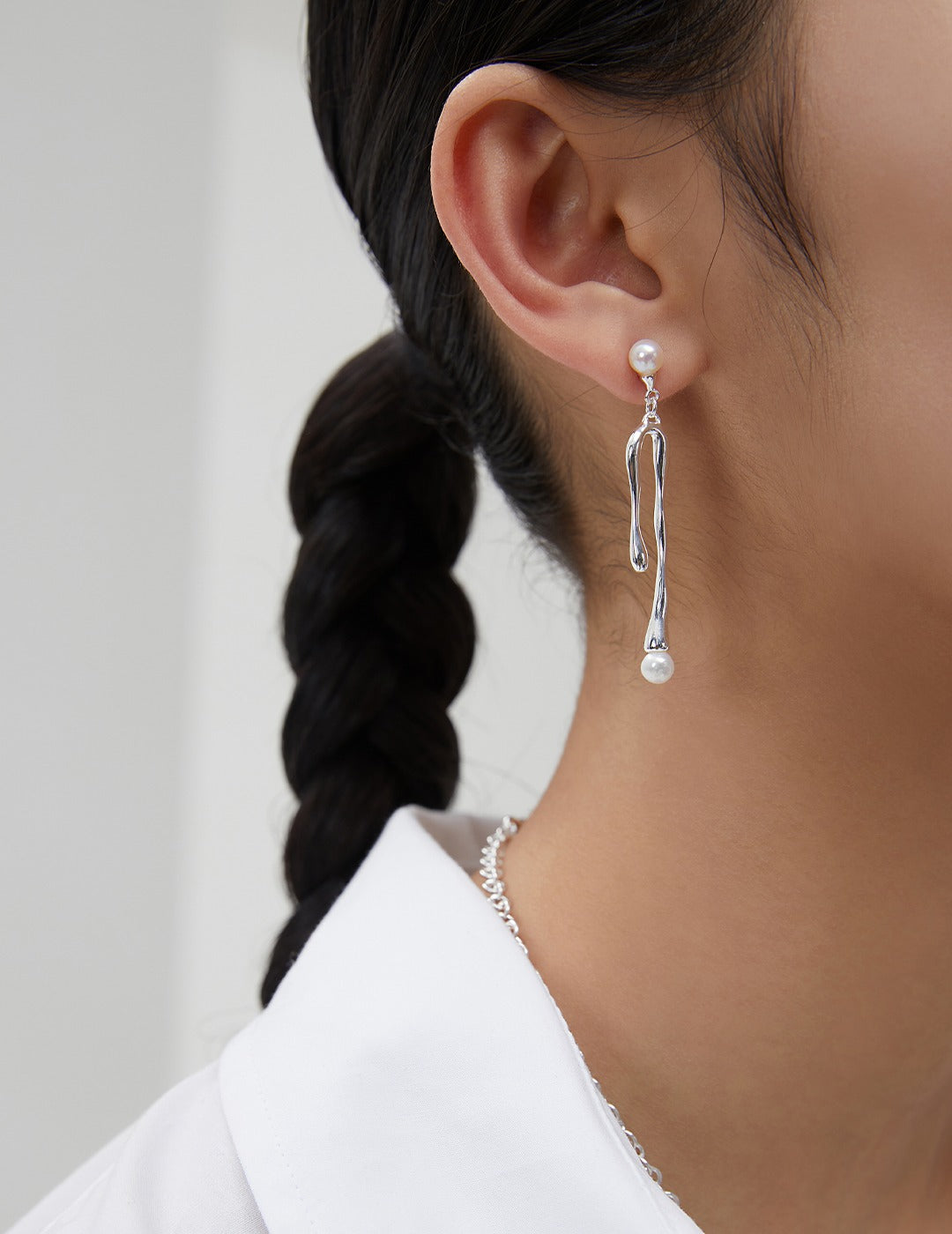 Liquid Series Asymmetrical Silver Earrings with Natural Pearls - Designer Jellyfish-Inspired Jewelry