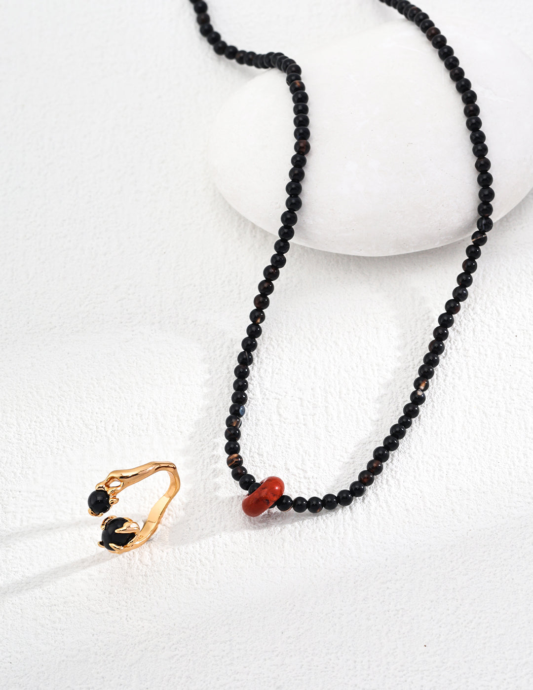 Natural Black Onyx Necklace with 925 Silver and Rainbow Stone - Vintage Gold, Adjustable Length