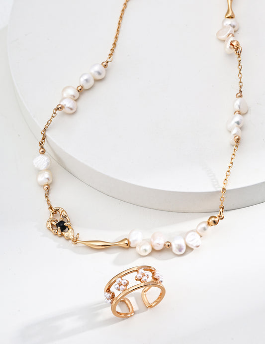 925 Silver Natural Pearl and Black Agate Necklace - Vintage Gold, Adjustable 38cm + 6cm Extension, Irregular Pearls (4-7mm)