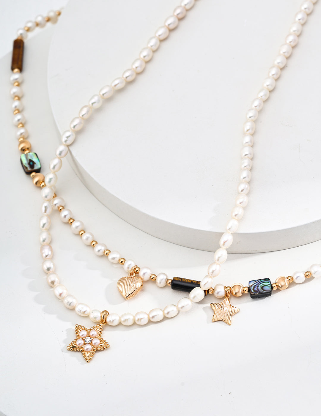 S925 Silver Natural Pearl Tiger Eye Abalone Shell Heart Star Necklace - Vintage Gold 38cm + 6cm Extension