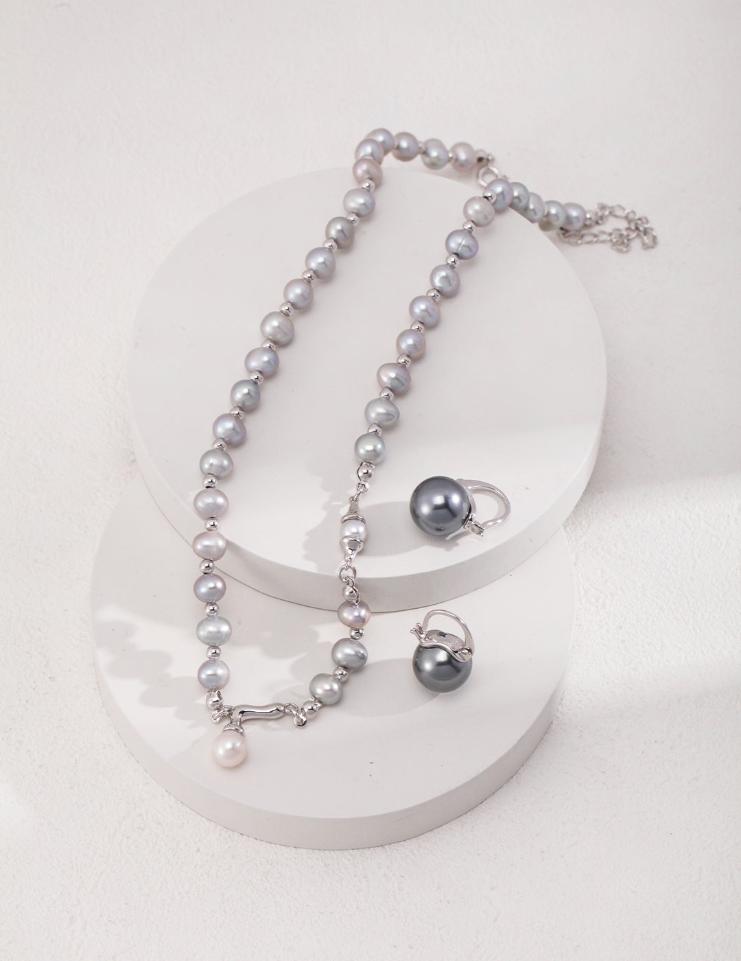 Elegant Sterling Silver Pearl Necklace - Gray & White Natural Pearls, Adjustable Chain