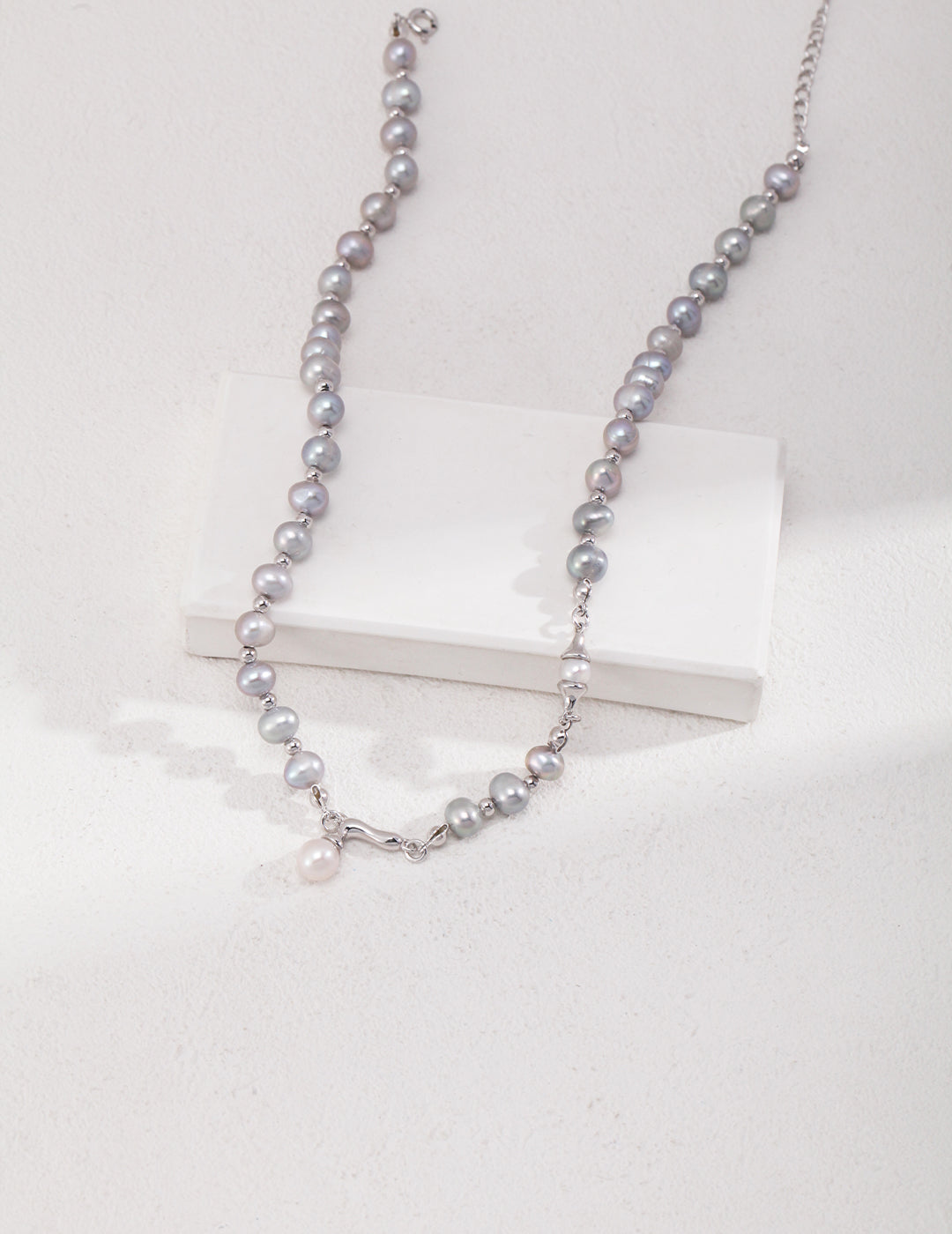 Elegant Sterling Silver Pearl Necklace - Gray & White Natural Pearls, Adjustable Chain