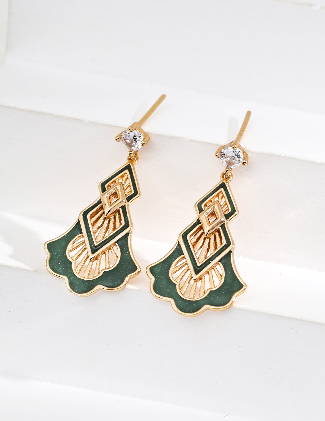 Vintage Gold S925 Silver Enamel Drop Earrings with Zircon – 3cm Elegant Dangle Design